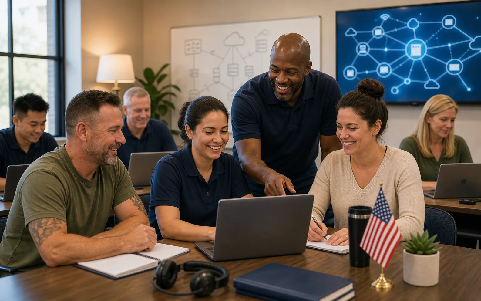 Veterans and military family members participating in technology career training