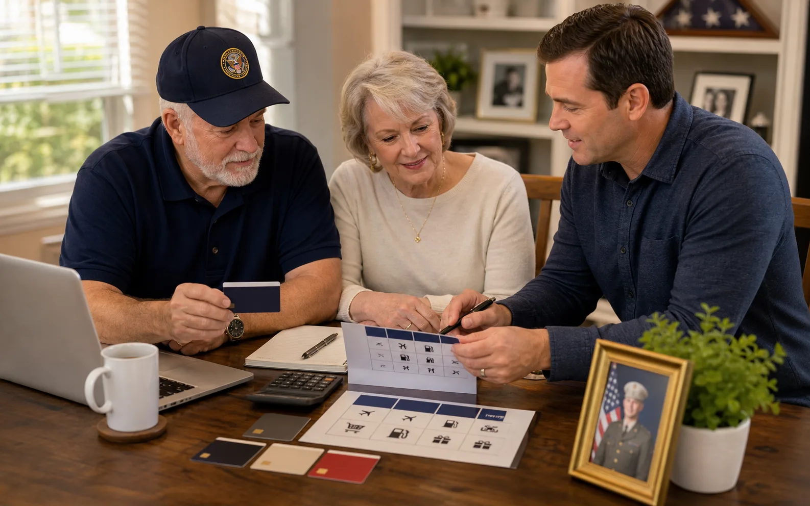 A veteran family reviewing credit card and reunion budget options together