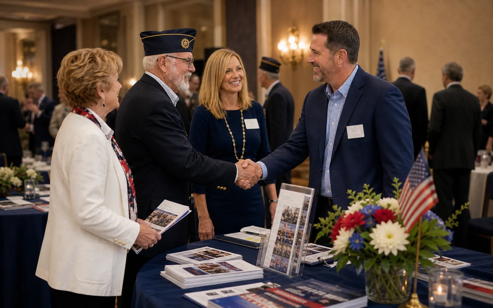 Sponsor representative greeting a veteran at a military reunion event