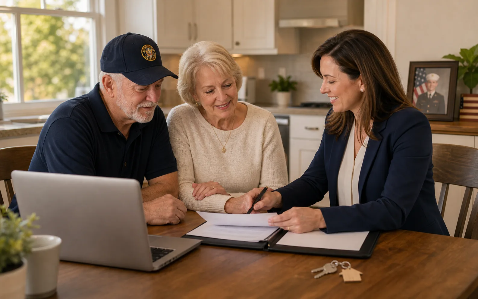 A veteran family reviewing home loan paperwork with an advisor
