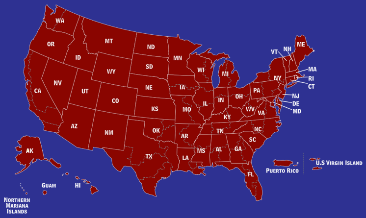 United States map showing reunion location coverage